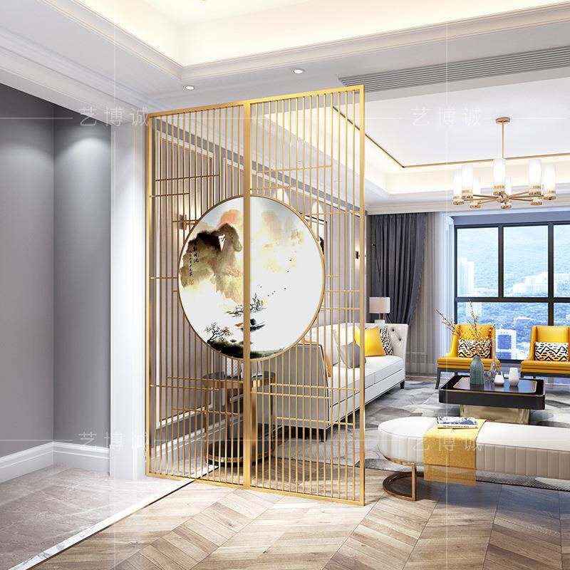 中式玄关仿古金属通花玫金不锈钢圆隔形CIP山水画艺术玻璃瑰屏风