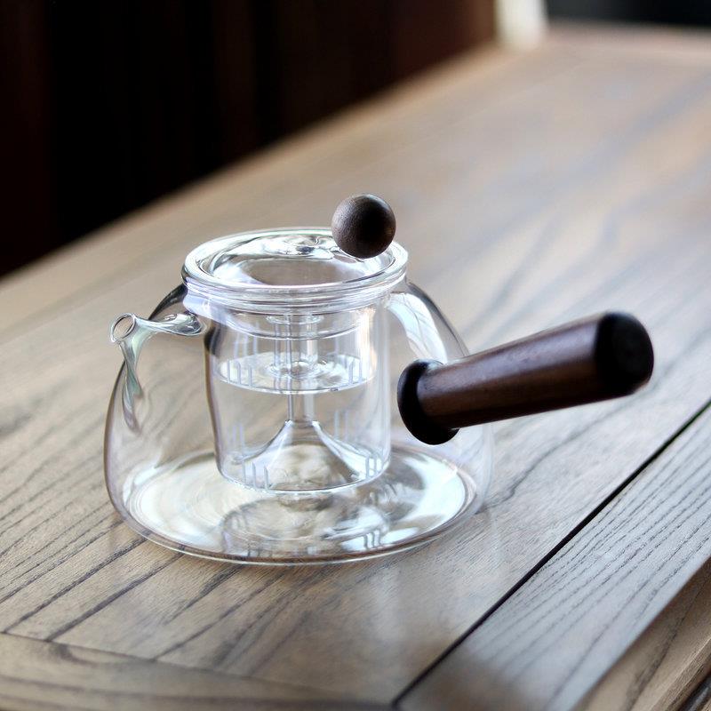 日式憨厚短泡茶壶实木侧把蒸嘴煮用-电陶炉煮茶壶壶两耐热玻璃壶