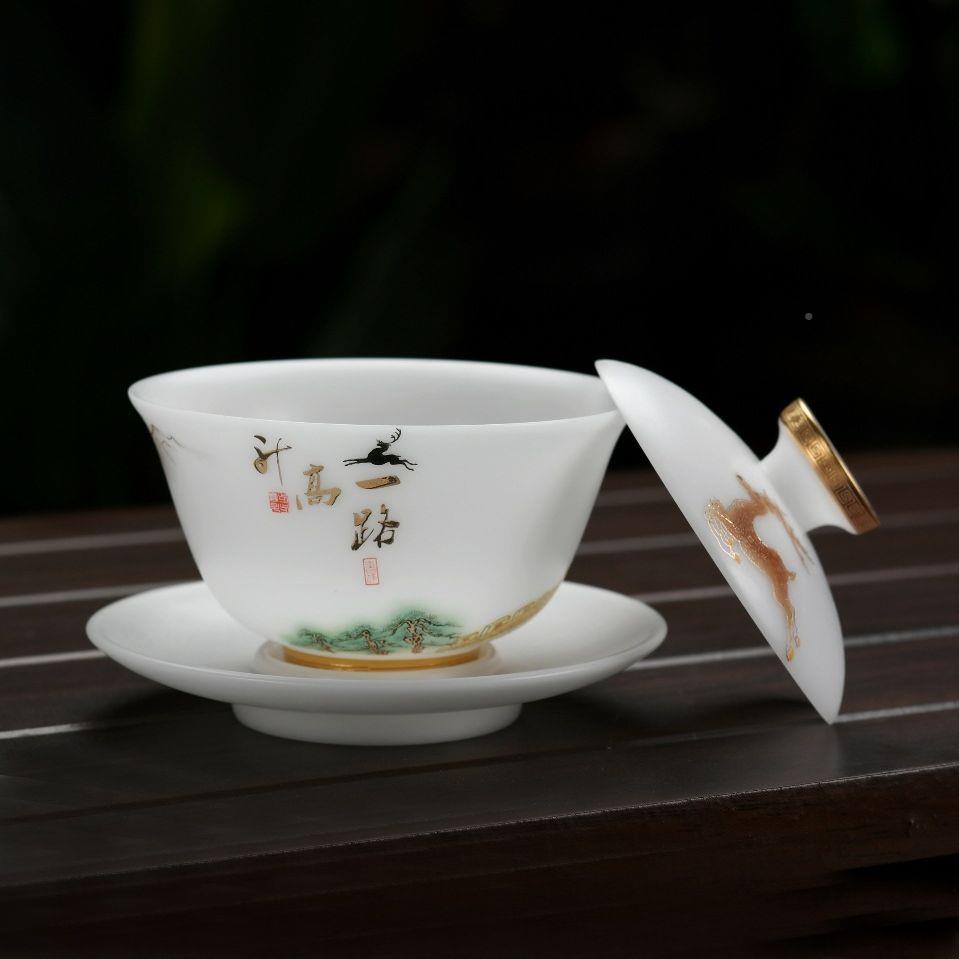 素烧功夫才盖碗冰个种玉瓷INO三泡茶碗德化羊脂玉白薄瓷胎高档单