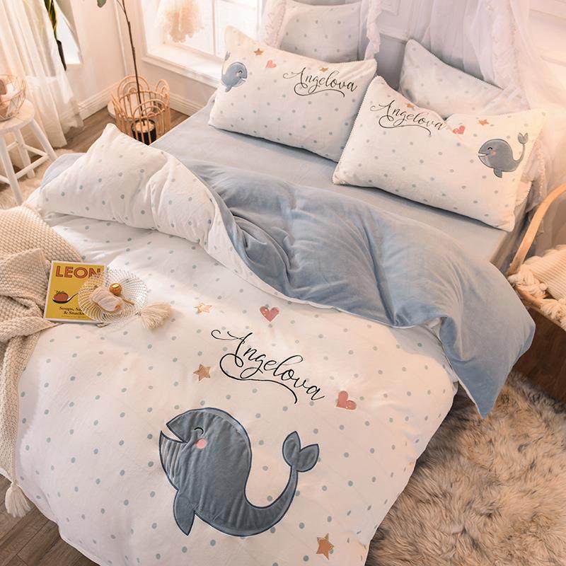 臻无品牌/棉通绒加厚瑚绒四件套冬季法绒兰双面绒被套加绒绣珊花