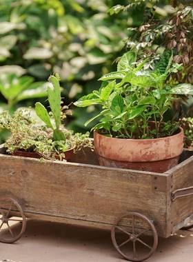 艺做拖BEH车花盆花架铁艺实木旧创园意花园花小房装饰木质工艺品