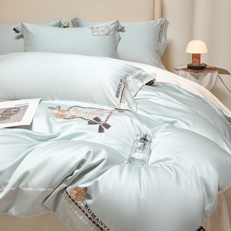 A类0支6绒棉全棉纯色刺绣UOP四件套夏春高端床上用品加长大床笠