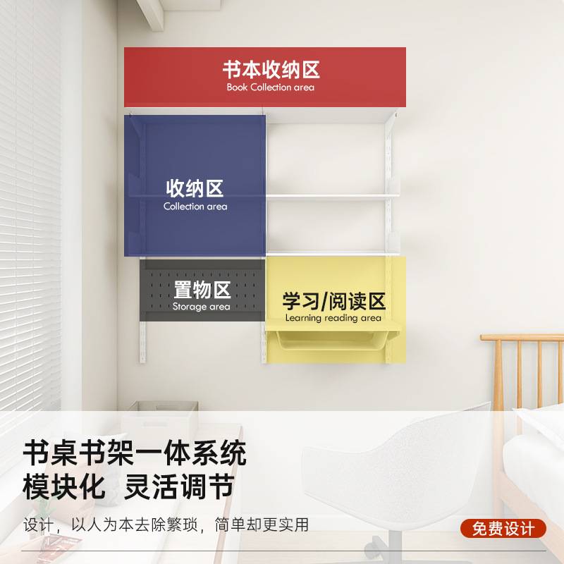 未来摩登墙上多层书架挂墙置物板收纳架收纳搁板书桌书架一体