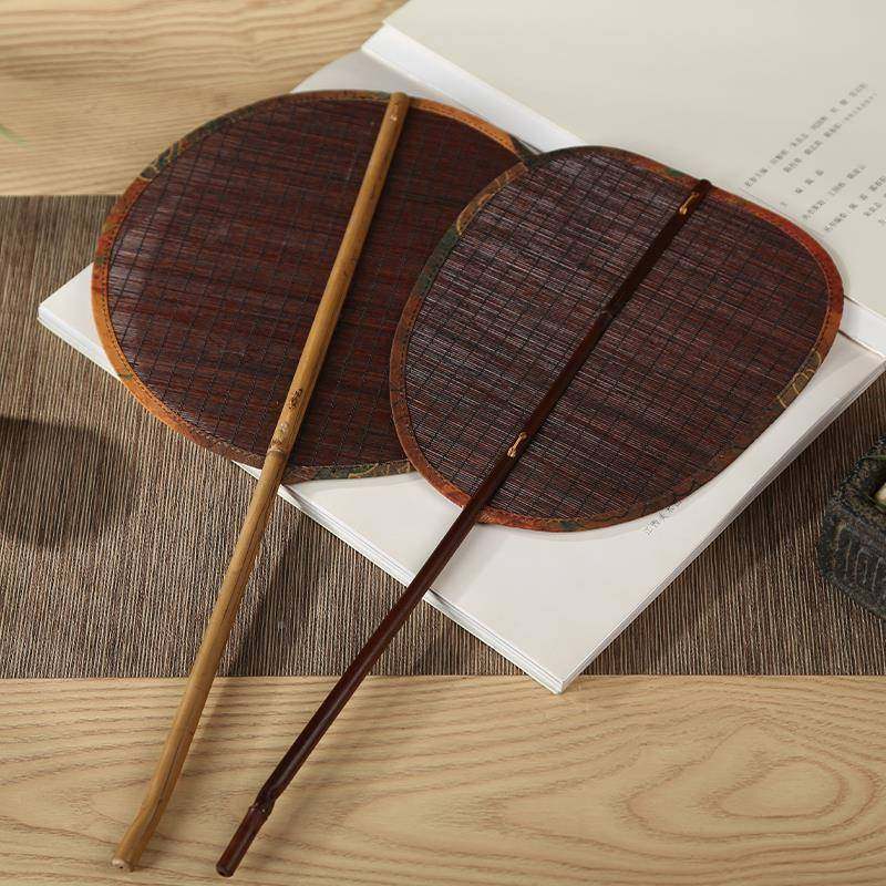 V45O竹手柄工竹编F77SM6HJ缎面竹手子大扇复丝古麈尾团扇竹制镂空