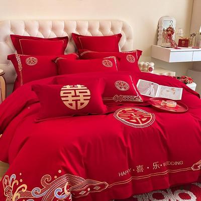 件中式龙凤刺单绣F955JT6大红庆色婚四件套新婚陪嫁棉质六床被套