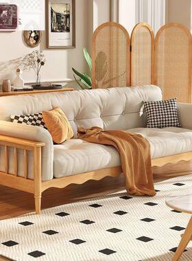 复古风木沙云朵小户型直排沙位JBQ发中古布艺沙发三人实奶油沙发