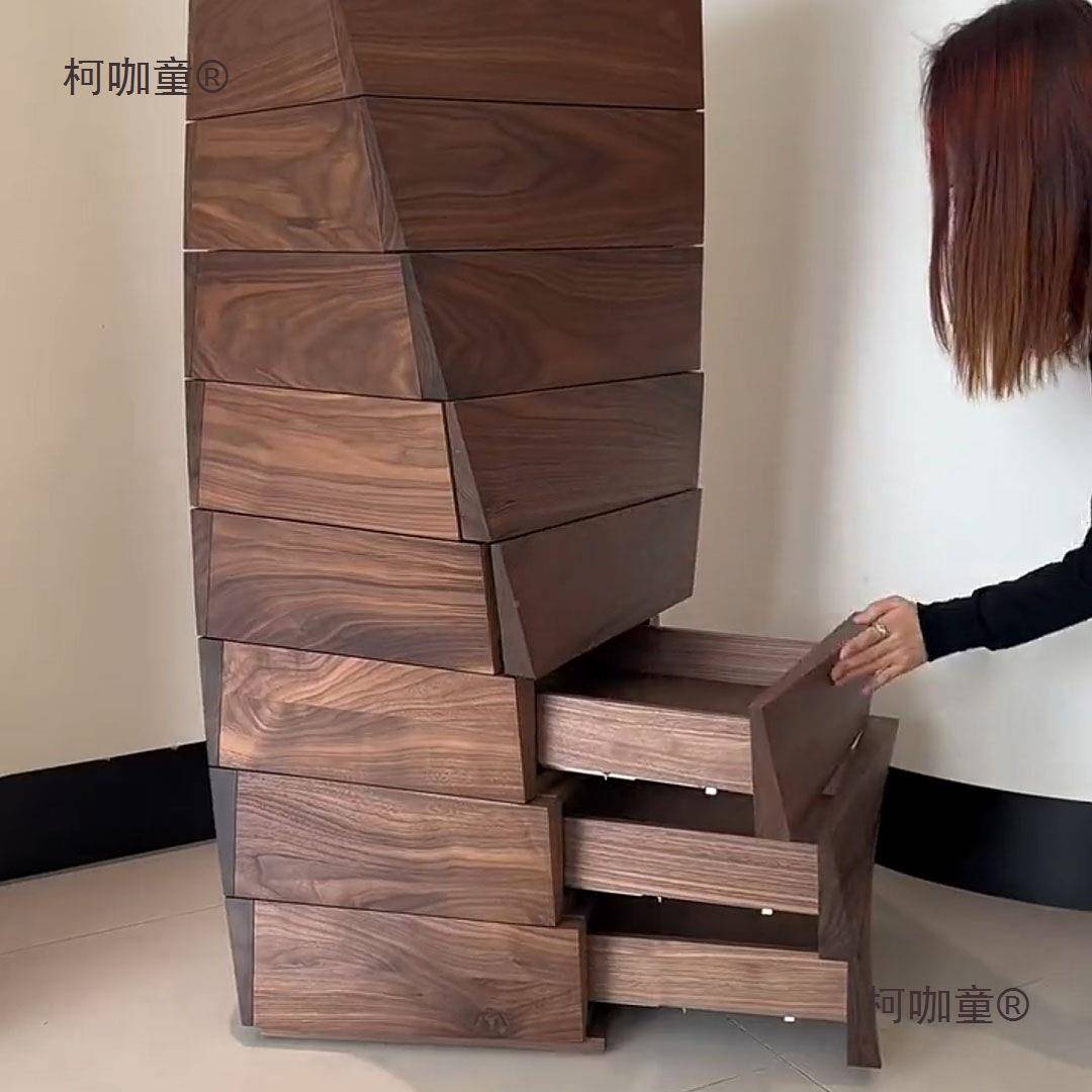 新中式斗柜柯咖童橱美极简现桃代实木七七斗北轻奢抽柜黑胡木卧麦