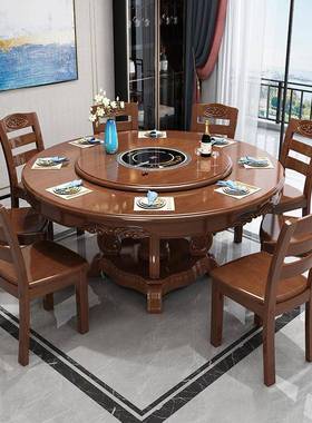 实桌木餐桌带转盘0人圆36910餐中1式家用大桌圆桌吃饭桌子圆形餐