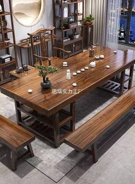 实大板茶桌椅组合木平款茶桌一体一套泡茶家用茶面几OOF带整抽屉
