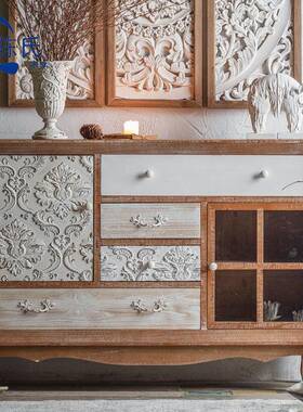 美式复储古轻奢做旧雕花餐边柜实收木玄关柜纳柜物靠柜民宿HUW入