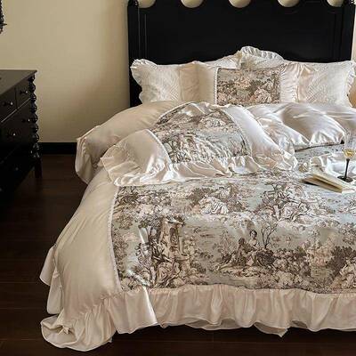 法冰式复古丝公主天丝四7nnc7zNb套床单花裙边被套水洗件真丝夏季