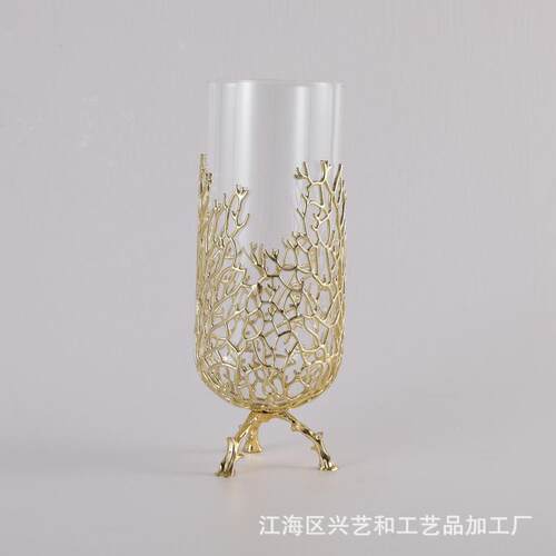 合金树根网形金色关80118玻璃装插件真花家居摆花器入户玄书桌水
