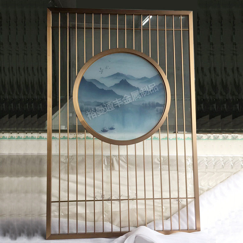 厂家玄关新中式花格禅意装饰画圆形钛金金属玻璃屏风山水画隔断