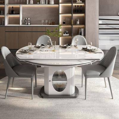 20桌25新暖菜电磁炉岩板餐现轻奢代UWE小户型可变圆形伸缩款折叠