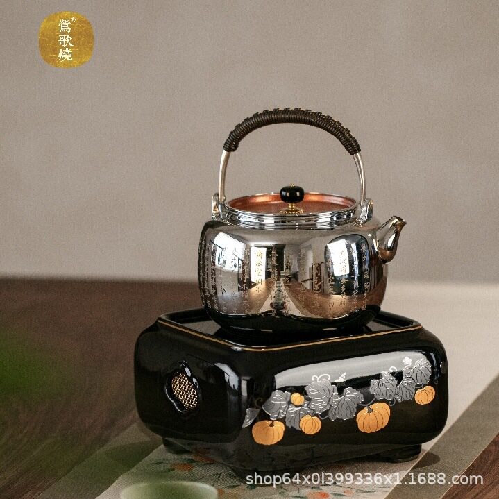 新品莺歌烧电陶炉四方黑底金瓜满园静音煮茶炉泡茶无线遥控烧水炉