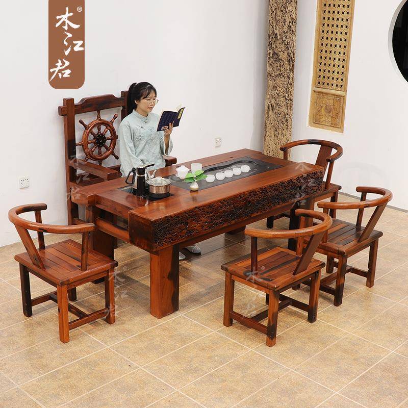 老船木茶一体组桌椅合2无品牌/02新款高端5家用茶几轻奢办公室实