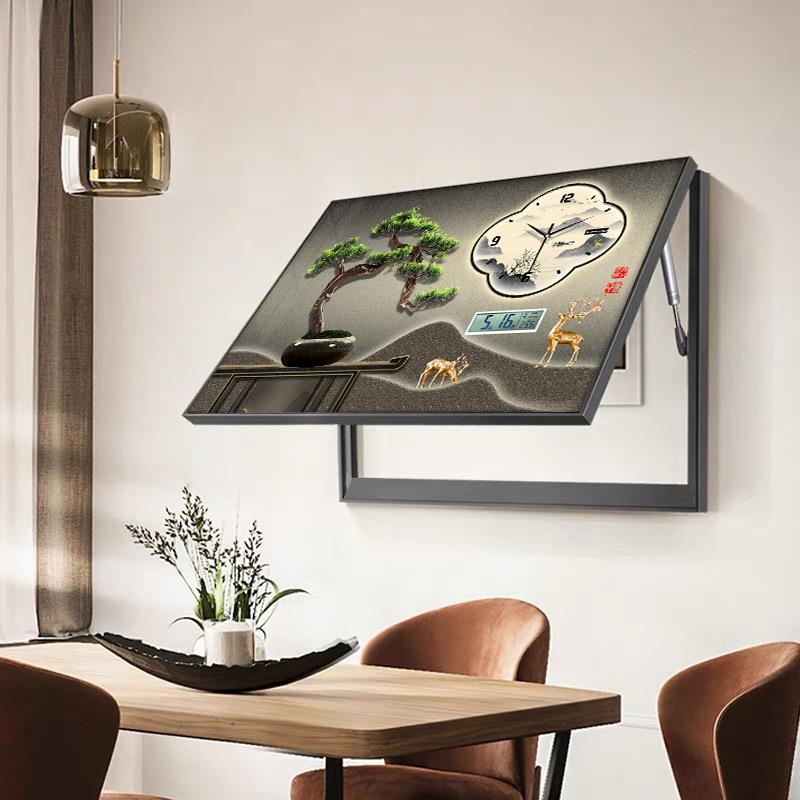 XY746956新中式电钟表箱装饰画迎客松配箱遮挡挂画带时万电年历闸