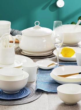 纯F96JS8H9白骨瓷具8碗新碟套装家用白色6//10人白瓷碗餐盘整套餐