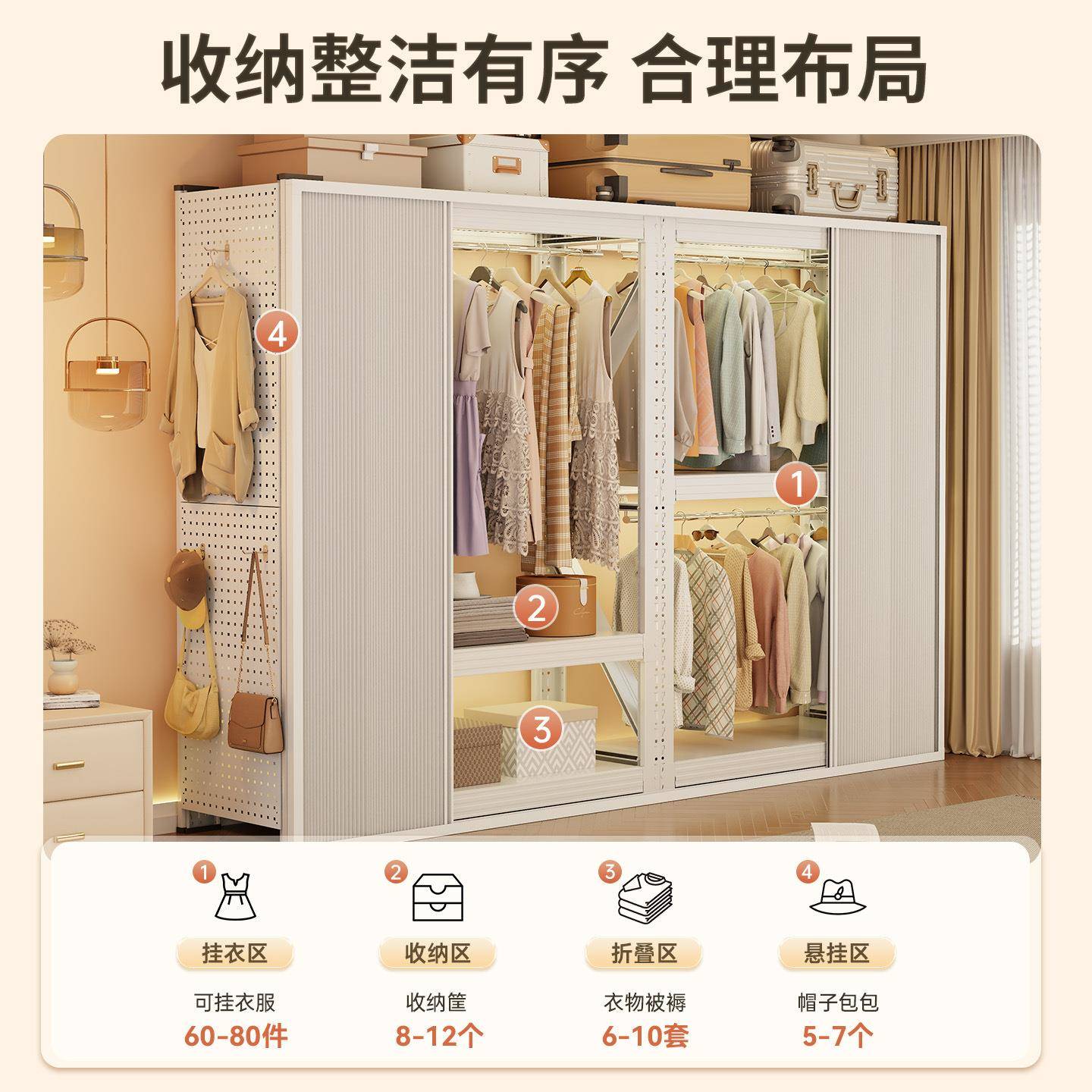 推室钢制货架衣柜卧带拉门衣帽架简组装落地储物架子出租房衣GQA