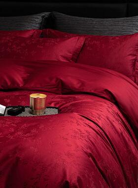 轻奢婚庆件套10四0S长F5M8TS95绒棉提被套酒红色棉质床单花结婚风