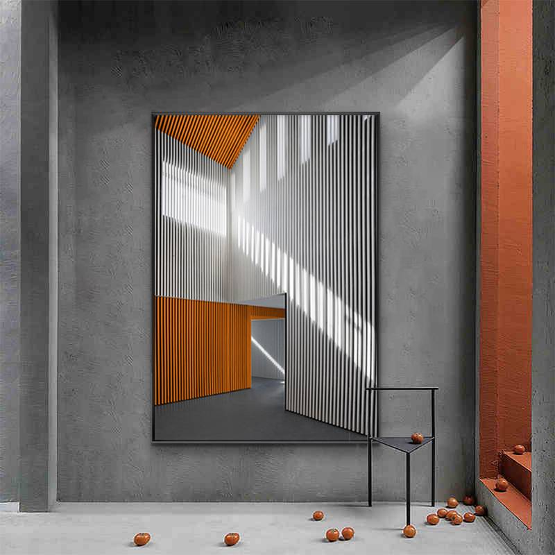 转角 现代简约走廊建筑装饰画客厅沙发落地挂画橙色竖版大幅壁画图片