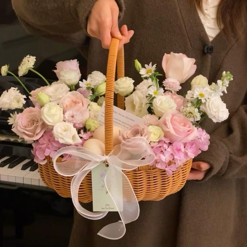 篮收果TL9NEaTo田园手工藤编手提篮月子鸡蛋花水篮插花鲜花纳筐编