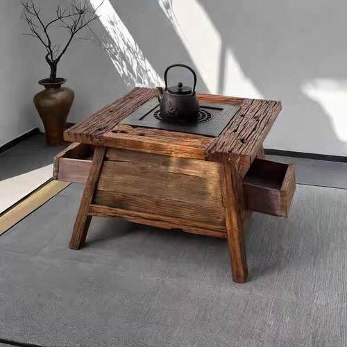 Fh(x}h($茶?实木煮桌小外方桌老榆木茶台家用阳台榆木茶几户野餐