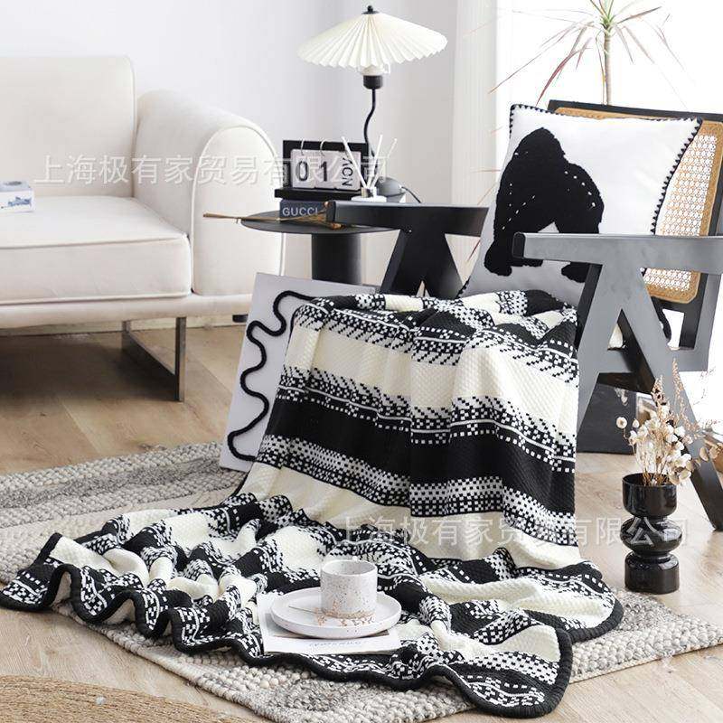 士黑格调绅毯白针JEB织毛加绒盖毯