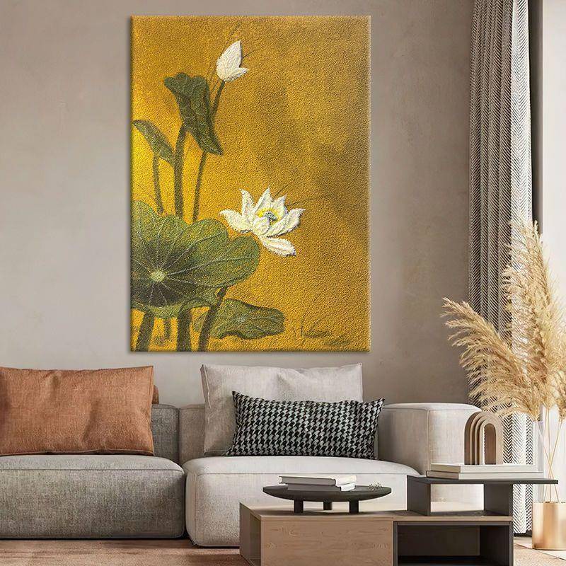 关顺丰荷花厚肌理新中式装画YPD画玄复古手绘油客厅石英饰砂花卉