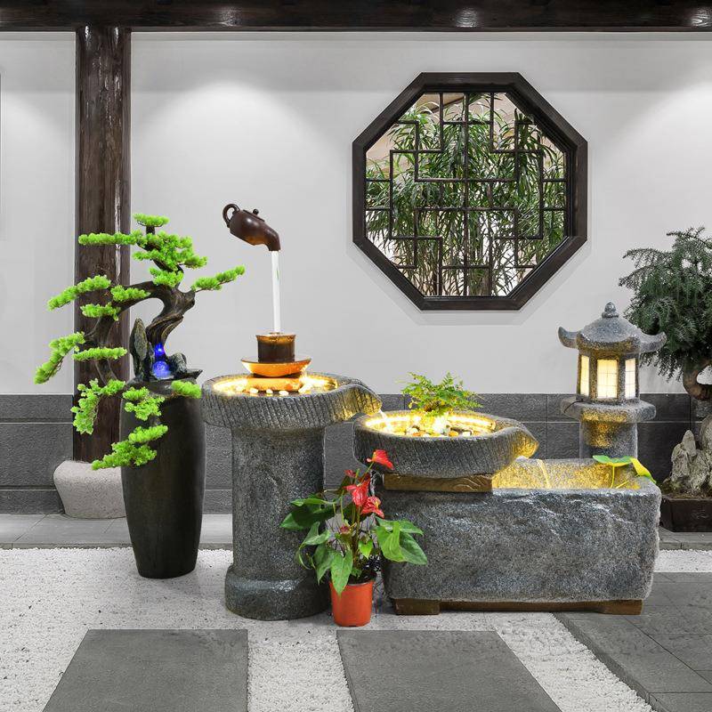 台布日式假山流水PKY喷泉加湿器阳鱼造景观庭院花园别墅置池摆件