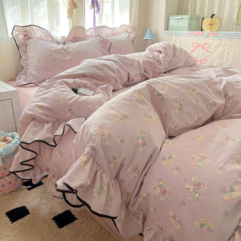 小清新云感法式公主针织棉大花边超软件宿套件床笠款被四套床单学