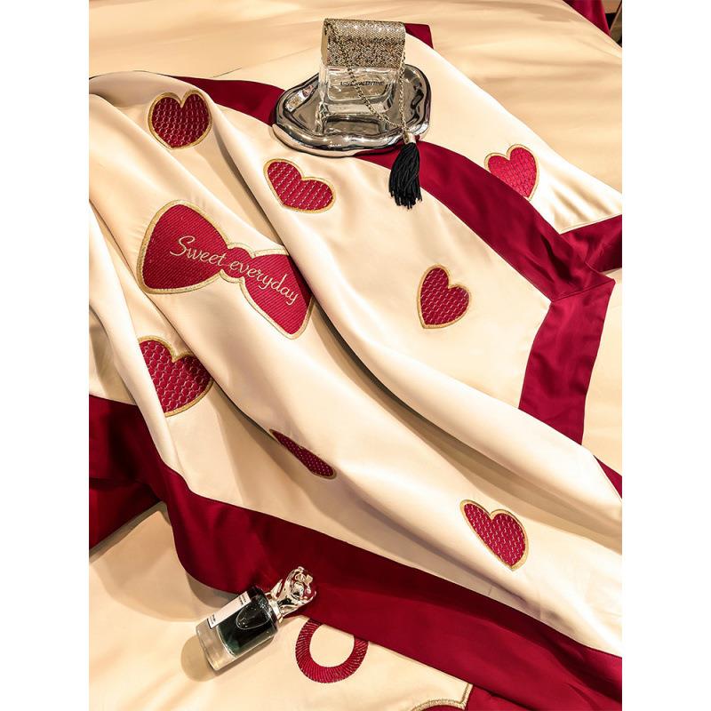 中婚用zweBZC42庆纯棉结婚四件套长绒棉100S式刺红绣全棉床单床上