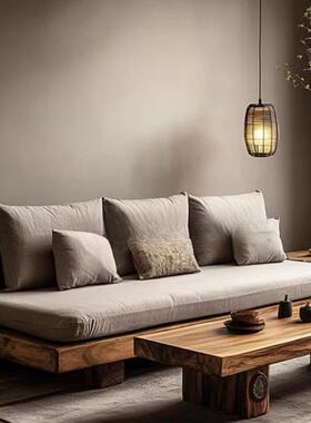 新中式实木沙店发:简约亚麻垫钉制,民RZP酒钉制家具宿坐,松木框架