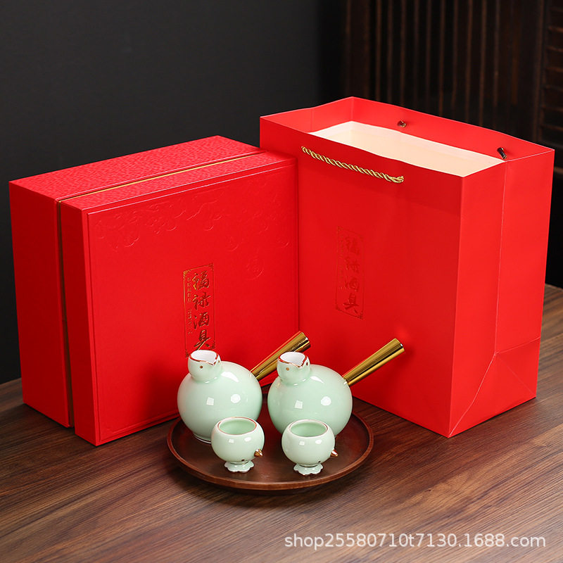 吉祥鸟陶瓷镀金白酒杯套装分酒器