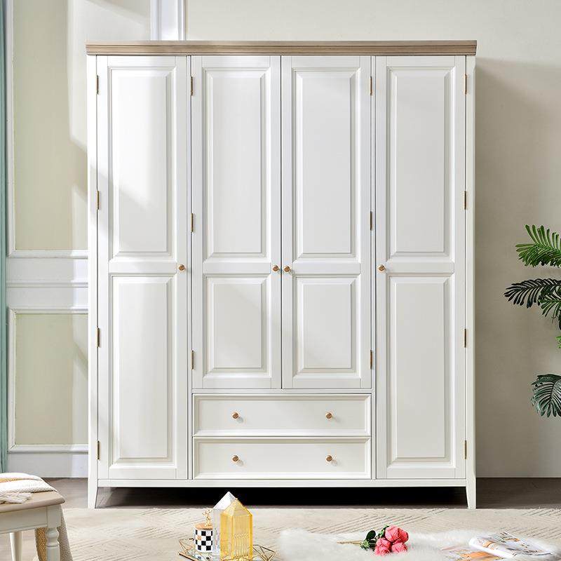 美式储全实木衣柜白色奶风四TKH门带抽屉平开油门室物卧成品大衣