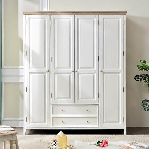 美式储全实木衣柜白色奶风四TKH门带抽屉平开油门室物卧成品大衣