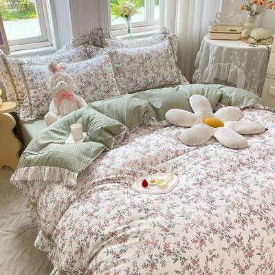 田园件H40/BB小碎三花韩版四套纯棉全棉套床单被套公主风花边件女