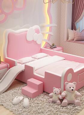 儿童床女孩公通主床粉色卡室ittk猫咪无品牌/床带卧滑滑梯护栏皮
