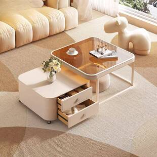 方岩板可茶伸缩形茶几小户型客ONF家用奶油风简约现代玻璃几厅组
