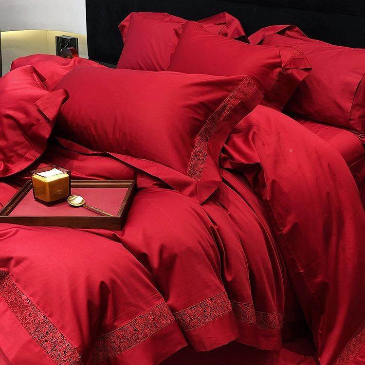 奢风婚庆大红色空全棉四件套100S婚长绒轻棉房喜被结ZKZ婚床上用