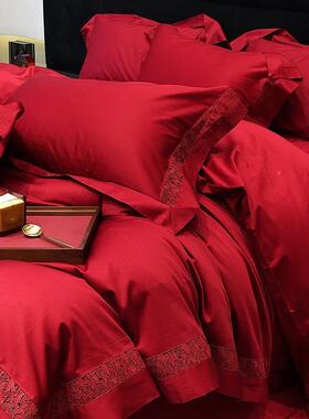 奢风婚庆大红色空全棉四件套100S婚长绒轻棉房喜被结ZKZ婚床上用
