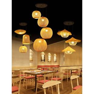 编楼组合DAV吊灯餐竹厅卧室客厅民宿灯笼中式 复古藤编艺多头梯竹