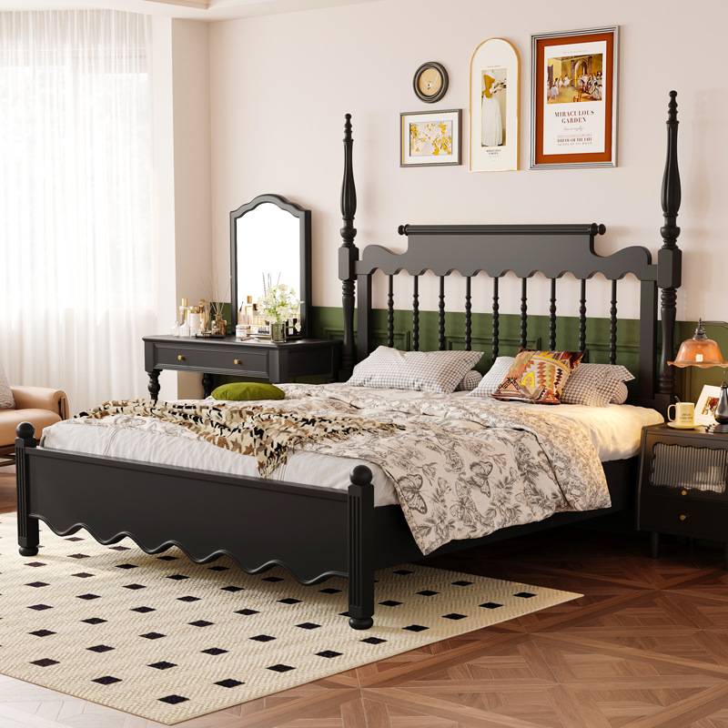 法式复古风实木双人主卧大床架2025新款木头温莎床高架中古美X20