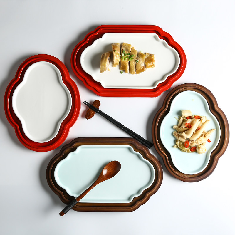 特色中式凉菜竹木平盘饭店陶瓷异形炒菜碟子创意酒店明档餐具组合