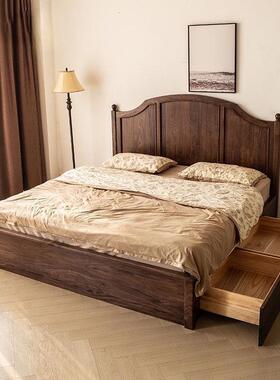 美式复KJZ古美北黑高胡桃木小户型双人床主卧箱体收床箱床储物床