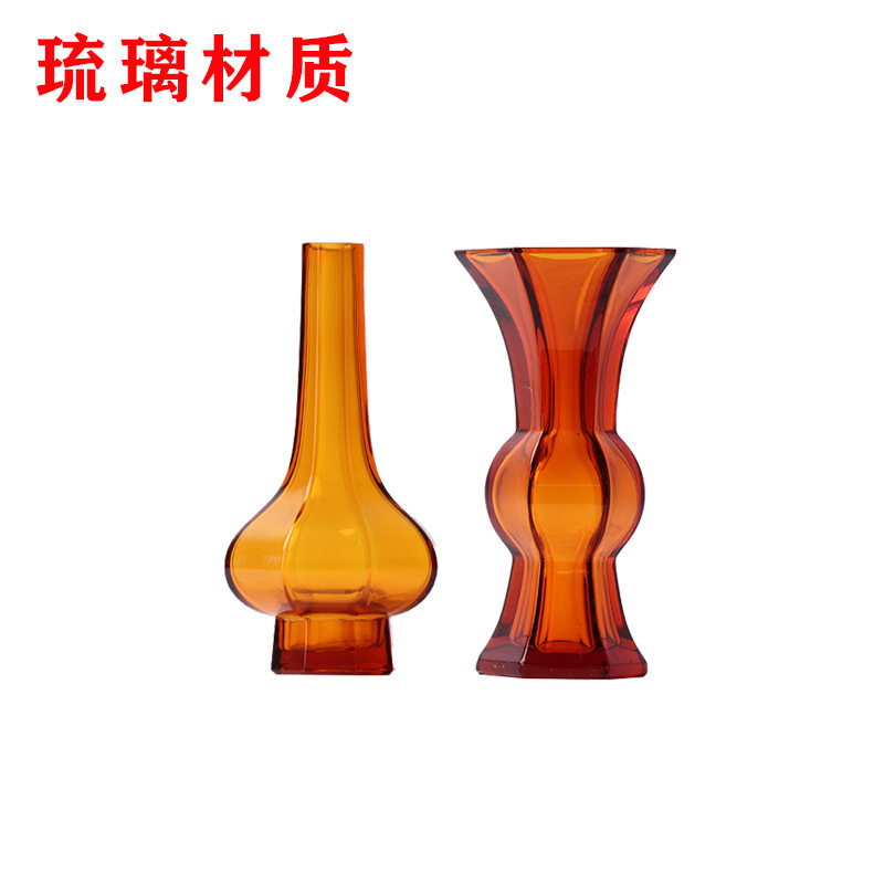 新中式现代琉璃花瓶茶色绿色花器摆件博古架摆件书柜样板房装饰品