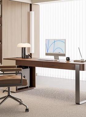 皮实木书桌极简书房办公桌电马鞍胡桃色写字台脑收41696纳意式桌