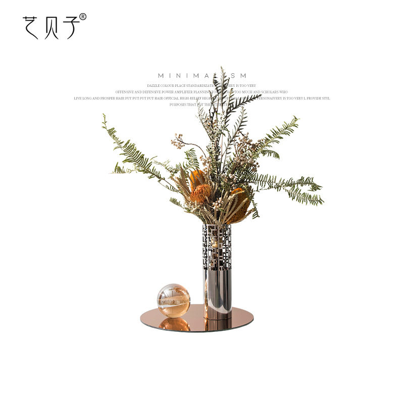 现代简约软装样板房间干花器极简轻奢银色不锈钢镂空圆筒花瓶摆件