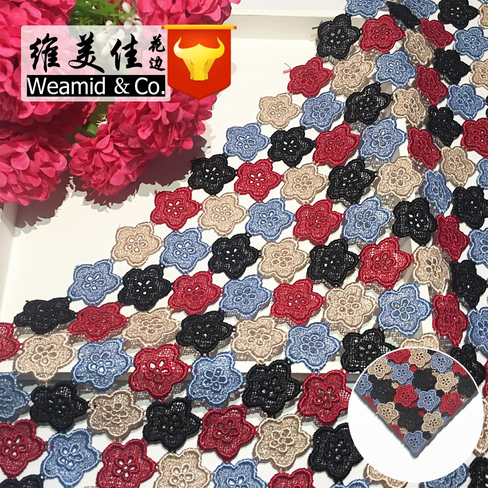 镂空布料 多色玫瑰花定位绣花服装面料 彩色涤光满幅花边刺绣面料