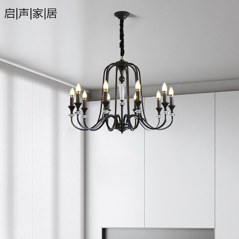 全铜美式复古客厅蜡烛吊灯法式个性餐厅黑色水晶灯具简约卧室家装